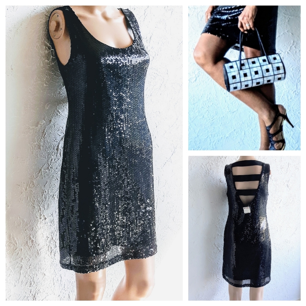 NWOT-Monteau Black Sequined Bodycon Mini w/ Open Back